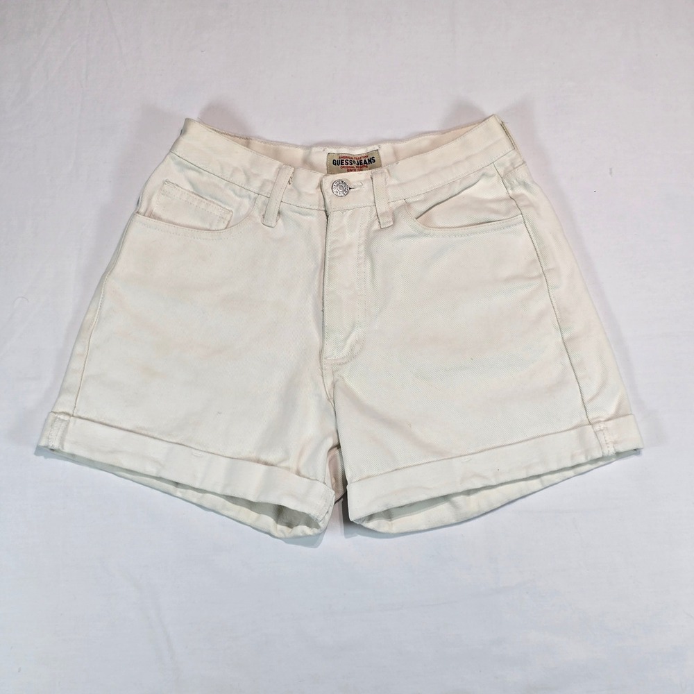 Vintage Guess Jeans White High Waisted Denim Patch Shorts Made in USA Size 26